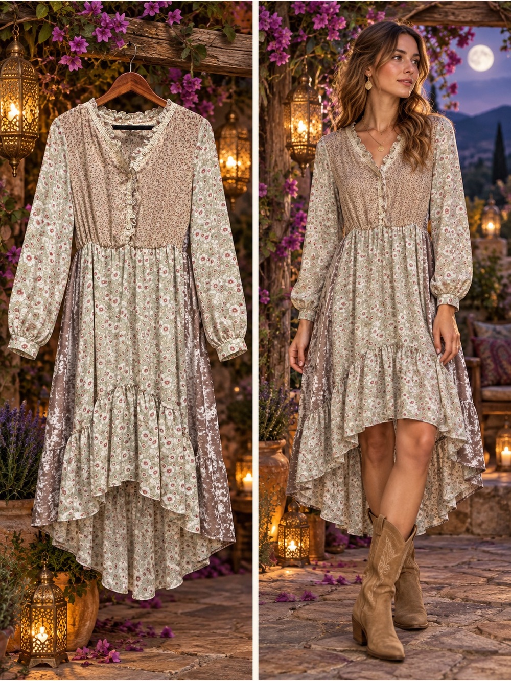 POL Boho High-Low Floral Dress in Sage and Taupe